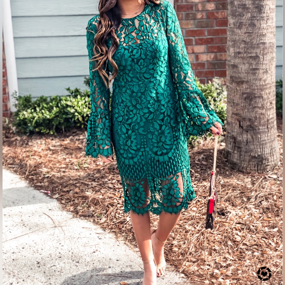 Green lace long sleeve midi dress